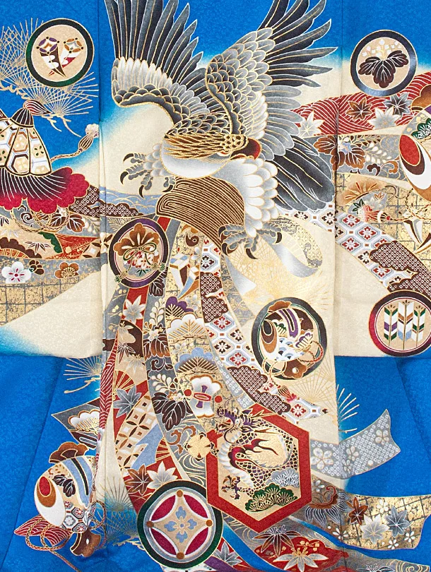 男児産着 お宮参りD0078 単衣 青クリーム 鷹 のし 刺繍