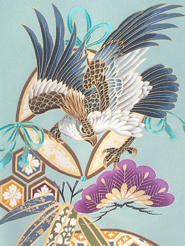 男児産着 お宮参りD0081 単衣 水色 鷹 松竹梅