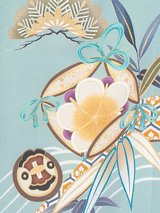 男児産着 お宮参りD0081 単衣 水色 鷹 松竹梅