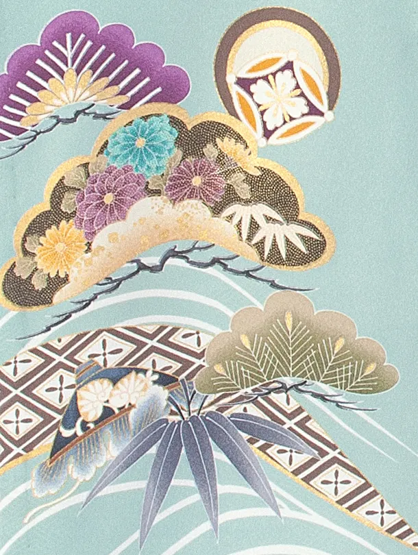 男児産着 お宮参りD0081 単衣 水色 鷹 松竹梅