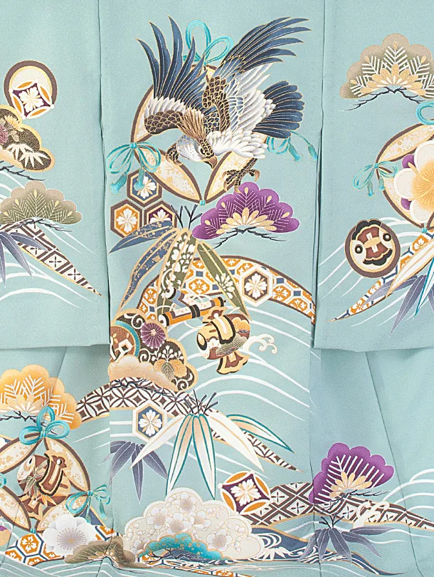 男児産着 お宮参りD0081 単衣 水色 鷹 松竹梅