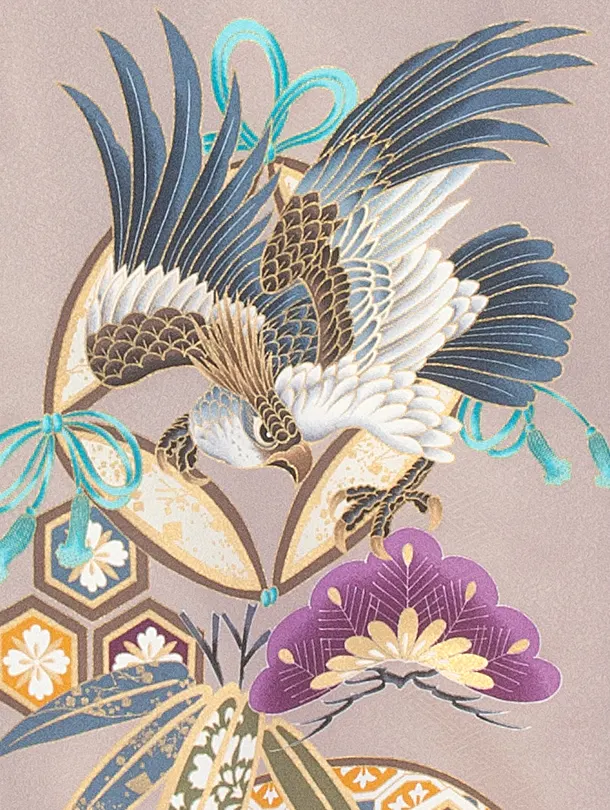 男児産着 お宮参りD0082 単衣 灰茶 鷹 松竹梅