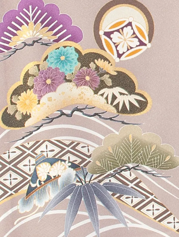 男児産着 お宮参りD0082 単衣 灰茶 鷹 松竹梅