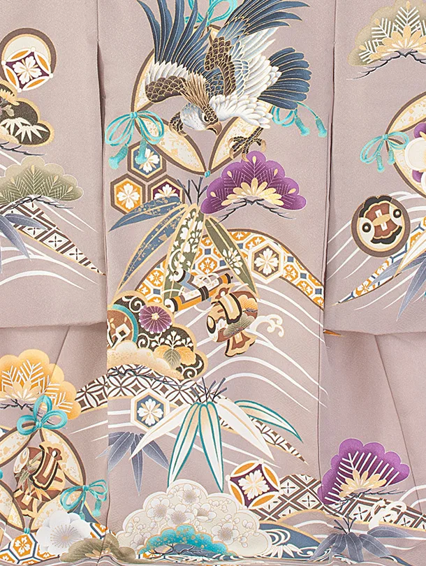 男児産着 お宮参りD0082 単衣 灰茶 鷹 松竹梅