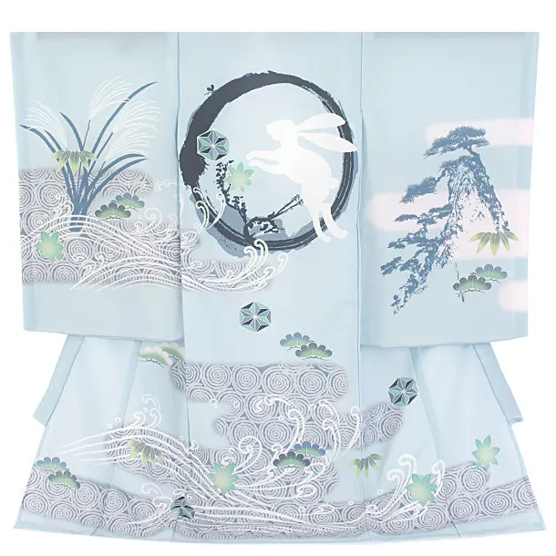 男児産着 お宮参りD0083 単衣 兎 水色系うさぎ