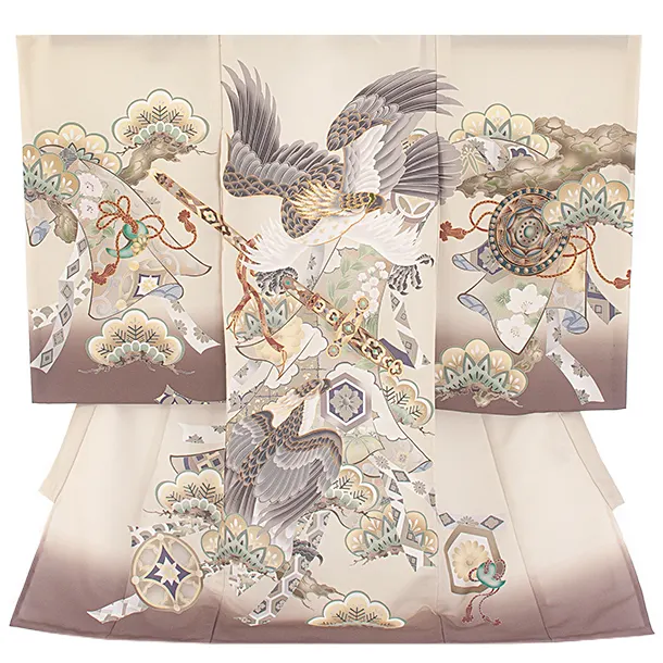 男児産着 お宮参りD0084 単衣 鷹 三種の神器 ベージュ