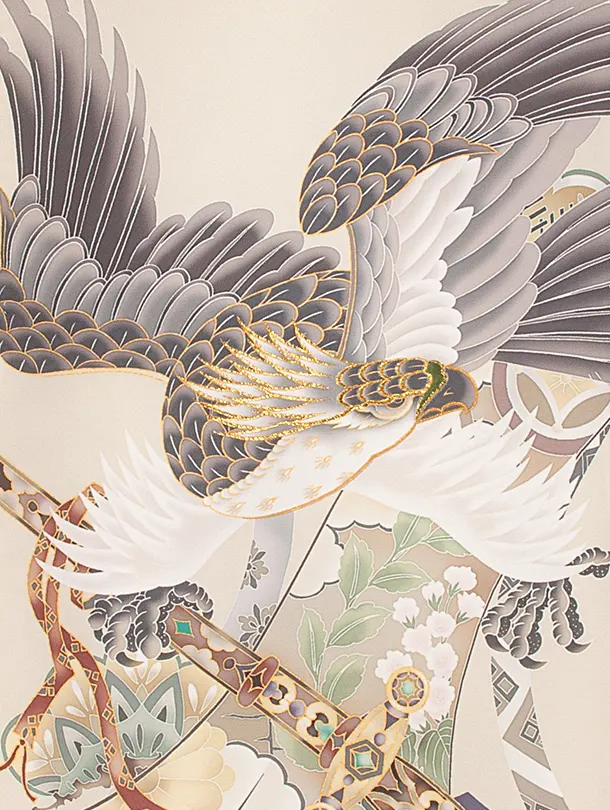 男児産着 お宮参りD0084 単衣 鷹 三種の神器 ベージュ