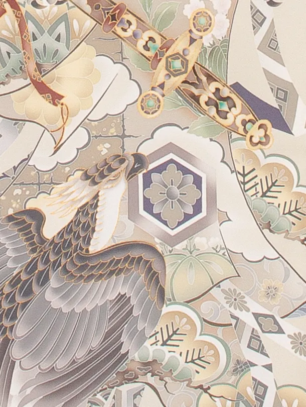 男児産着 お宮参りD0084 単衣 鷹 三種の神器 ベージュ