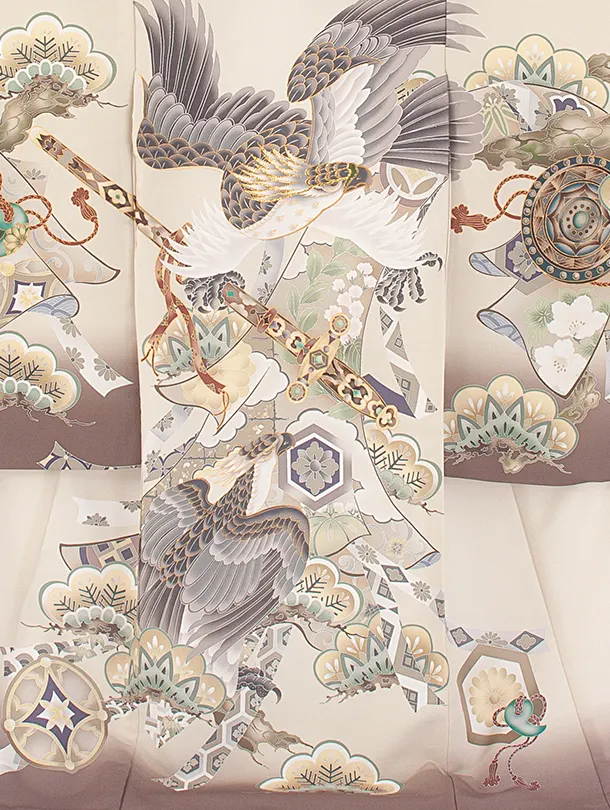 男児産着 お宮参りD0084 単衣 鷹 三種の神器 ベージュ