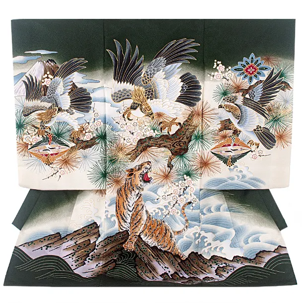 男児産着 お宮参りD0087 濃緑 鷹と虎 波