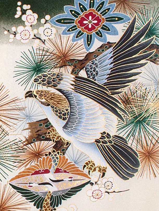 男児産着 お宮参りD0087 濃緑 鷹と虎 波