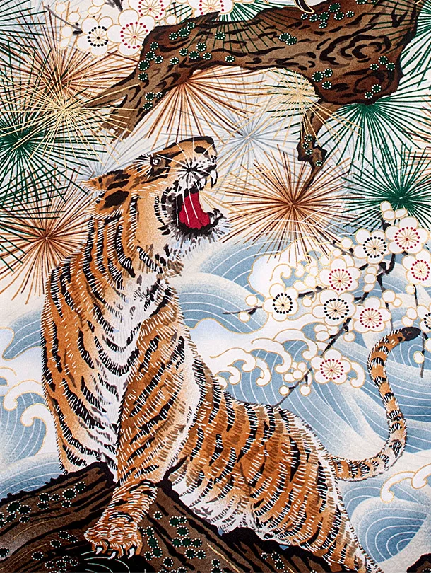 男児産着 お宮参りD0087 濃緑 鷹と虎 波