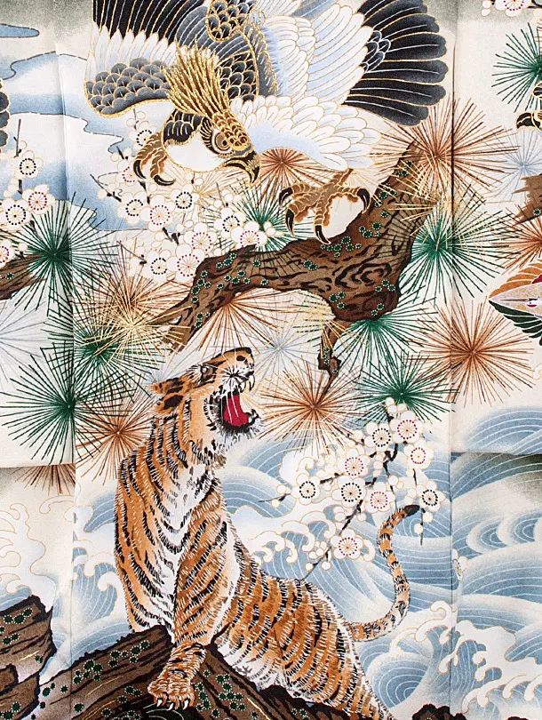 男児産着 お宮参りD0087 濃緑 鷹と虎 波