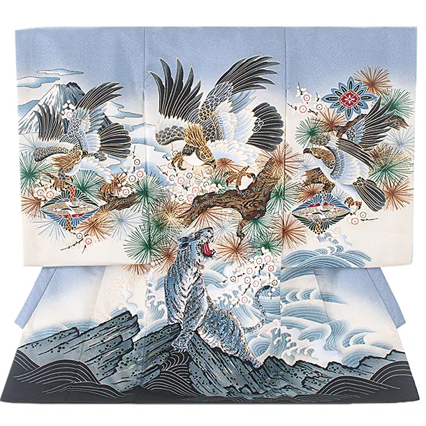 男児産着 お宮参りD0088 ペールブルー 鷹と虎 波