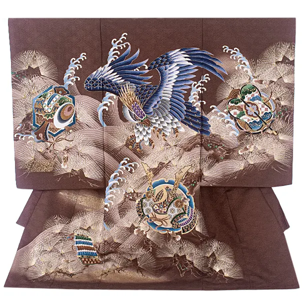 男児産着 お宮参りD0089 茶 鷹と兜 小槌扇