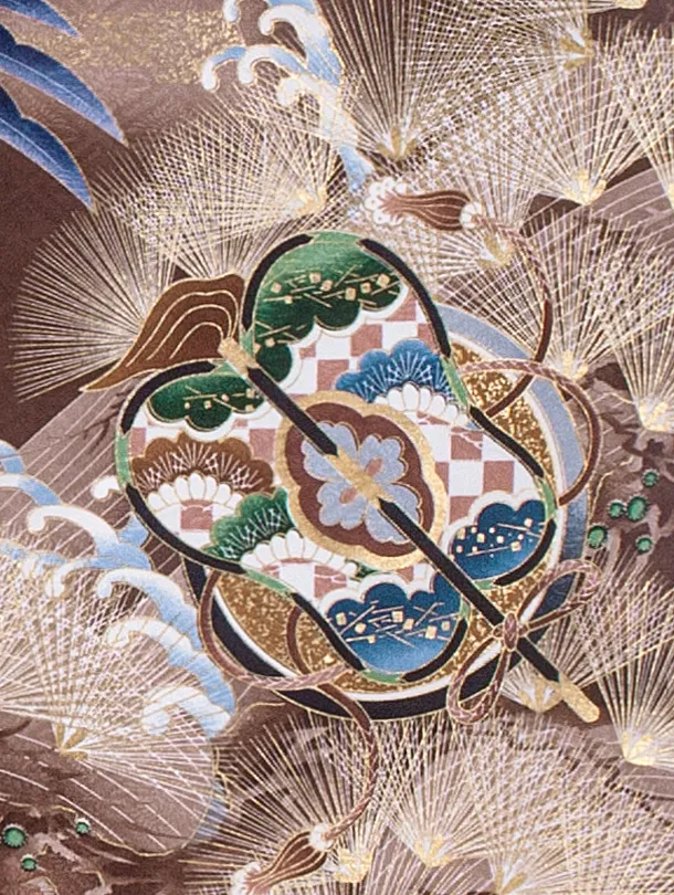 男児産着 お宮参りD0089 茶 鷹と兜 小槌扇