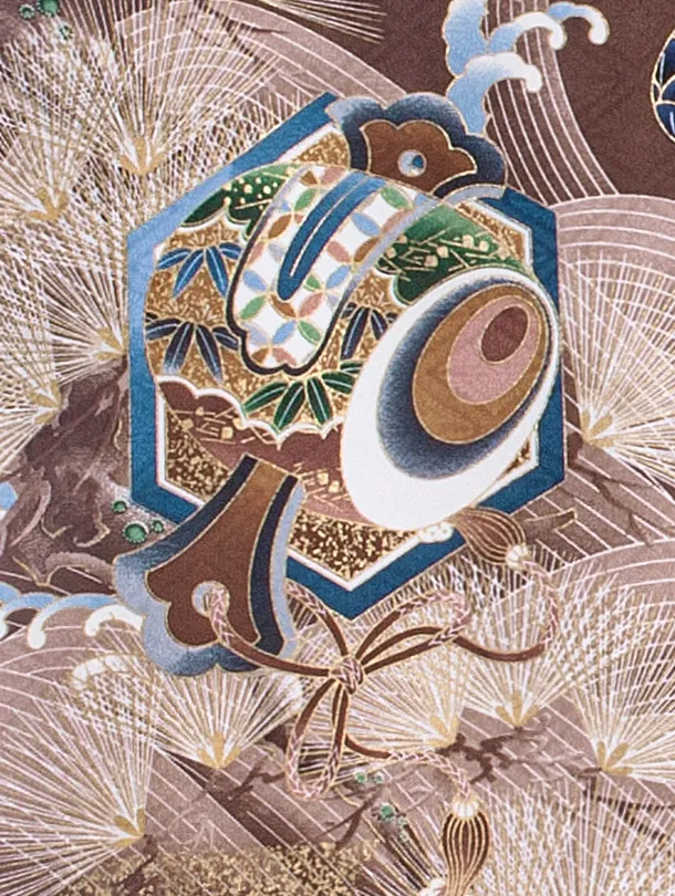 男児産着 お宮参りD0089 茶 鷹と兜 小槌扇