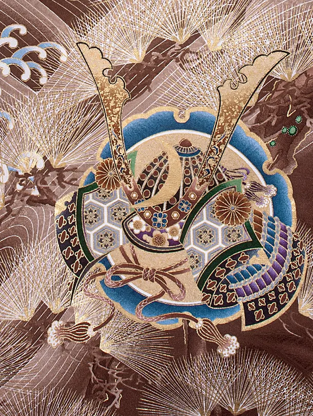 男児産着 お宮参りD0089 茶 鷹と兜 小槌扇