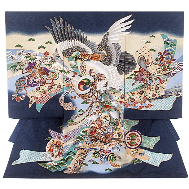 男児産着 お宮参りD0090 紺 鷹 のし 宝船