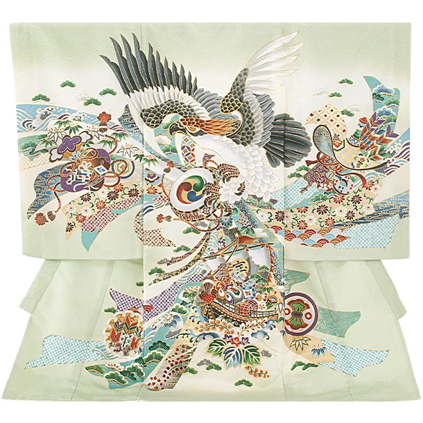 男児産着 お宮参りD0091 薄緑 鷹 のし 宝船