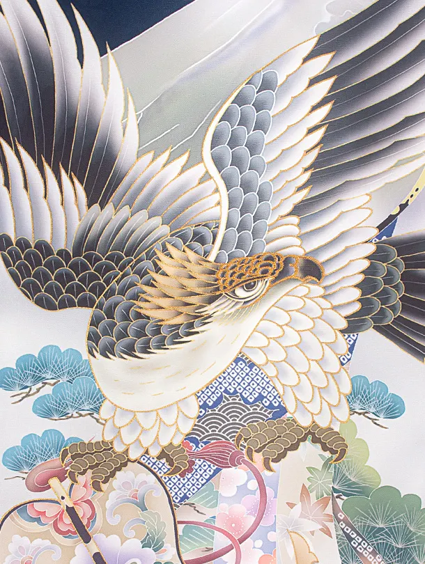 男児産着 お宮参りD0103 単衣 紺 鷹兜 富士山 のし