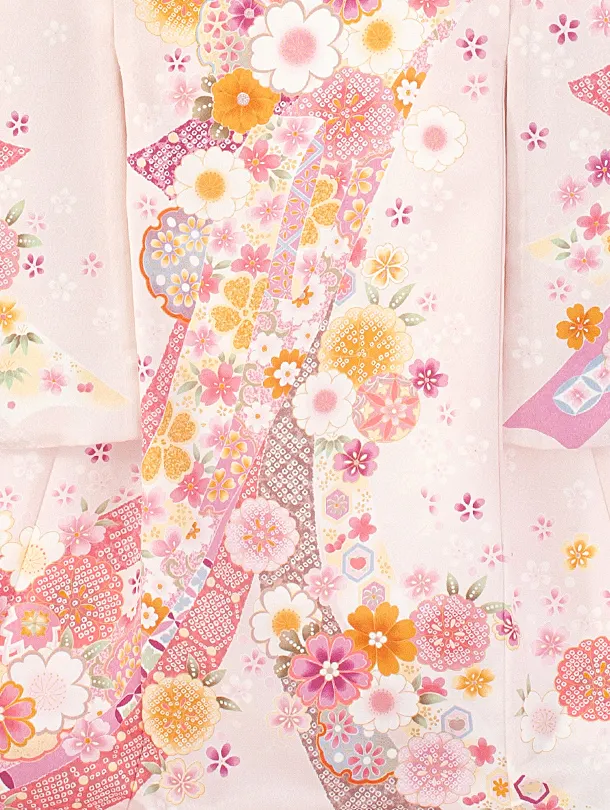 女児産着 お宮参りD0055 単衣 薄ピンク のし 花鞠刺繍