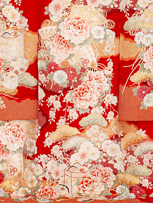 女児産着 お宮参りD0061 赤系 牡丹 扇