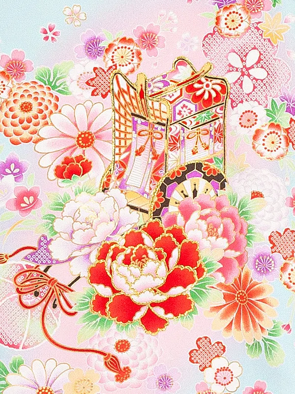 女児産着 お宮参りD0084 単衣 水色ピンク 花車と毬と鼓 ハート地紋 刺繍入