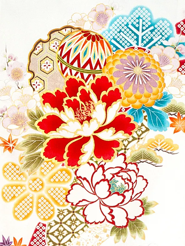 女児産着 お宮参りD0089 白 牡丹 まり 桜地紋