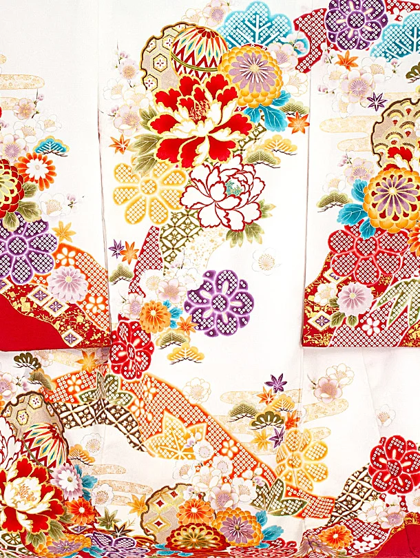 女児産着 お宮参りD0089 白 牡丹 まり 桜地紋