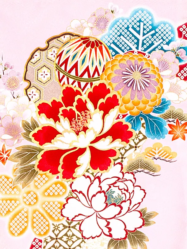 女児産着 お宮参りD0090 ピンク 牡丹 まり 桜地紋