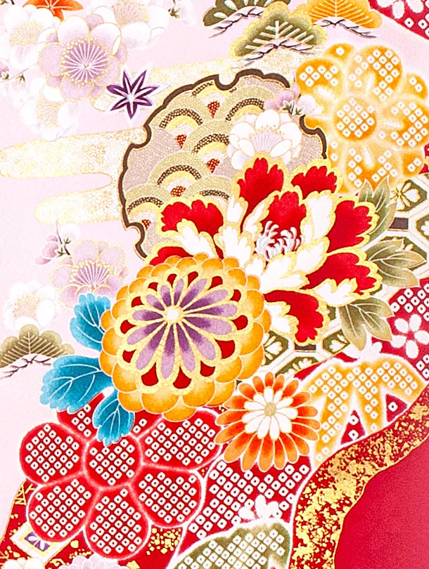 女児産着 お宮参りD0090 ピンク 牡丹 まり 桜地紋