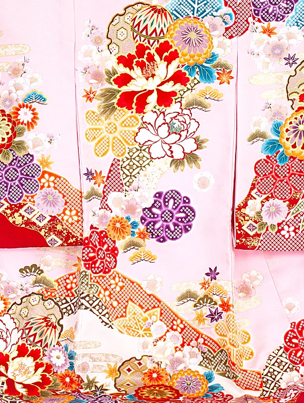 女児産着 お宮参りD0090 ピンク 牡丹 まり 桜地紋