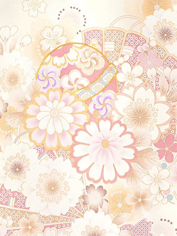 女児産着 お宮参りD0103 単衣 薄クリーム 地紋 花と毬と扇