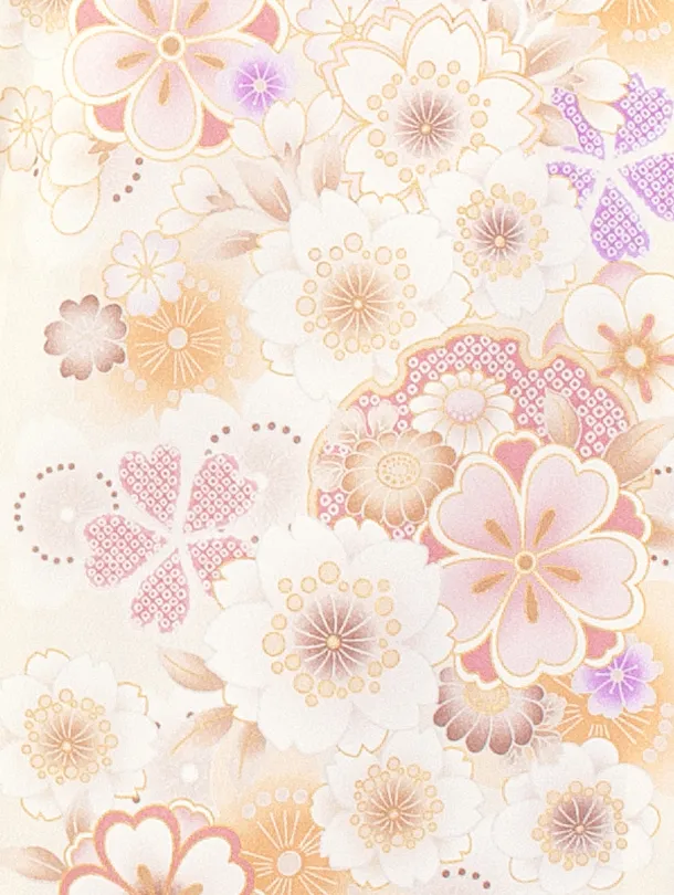 女児産着 お宮参りD0103 単衣 薄クリーム 地紋 花と毬と扇