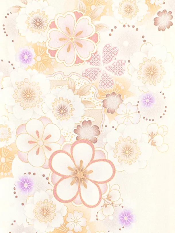 女児産着 お宮参りD0103 単衣 薄クリーム 地紋 花と毬と扇