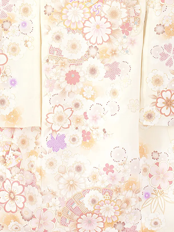 女児産着 お宮参りD0103 単衣 薄クリーム 地紋 花と毬と扇