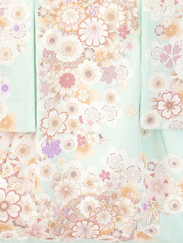 女児産着 お宮参りD0104 単衣 水色 地紋 花と毬と扇