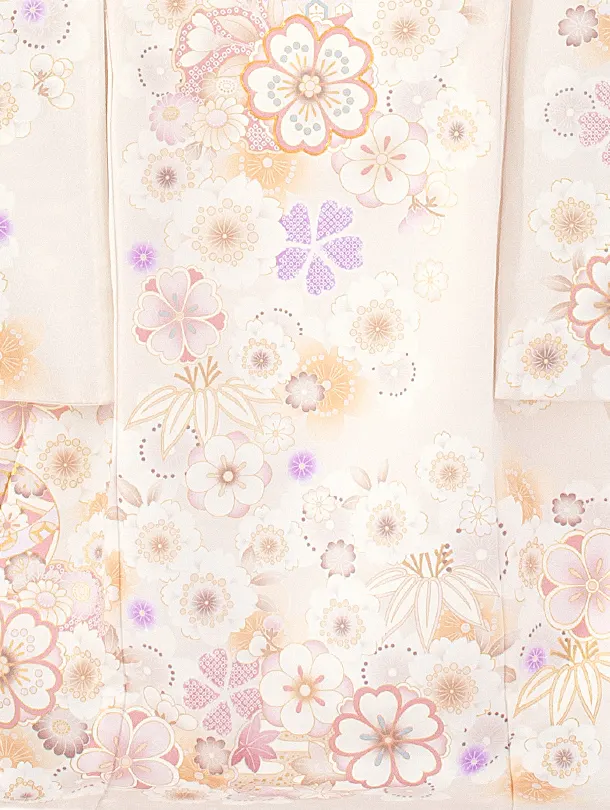 女児産着 お宮参りD0106 単衣 淡いピンクベージュ地紋 花と毬