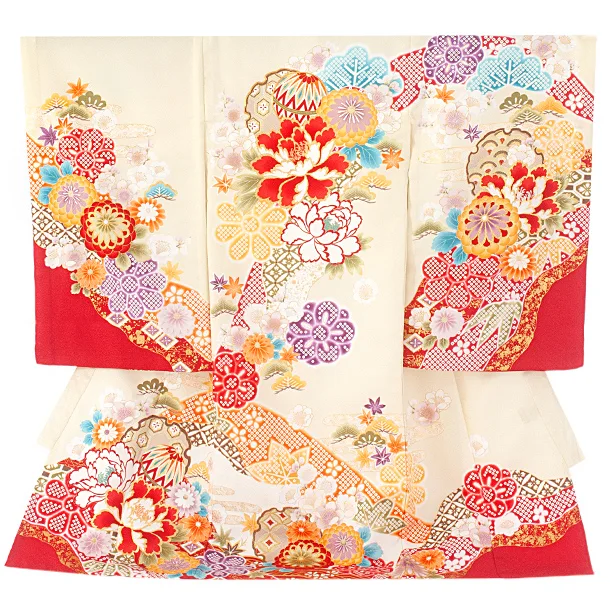 女児産着 お宮参りD0108 単衣 クリーム 牡丹に桜 鹿の子