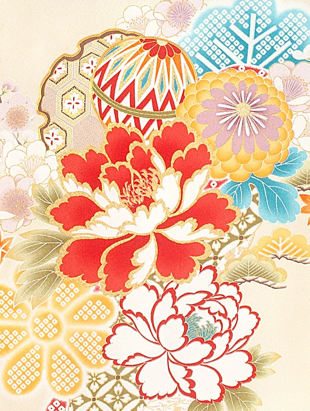 女児産着 お宮参りD0108 単衣 クリーム 牡丹に桜 鹿の子