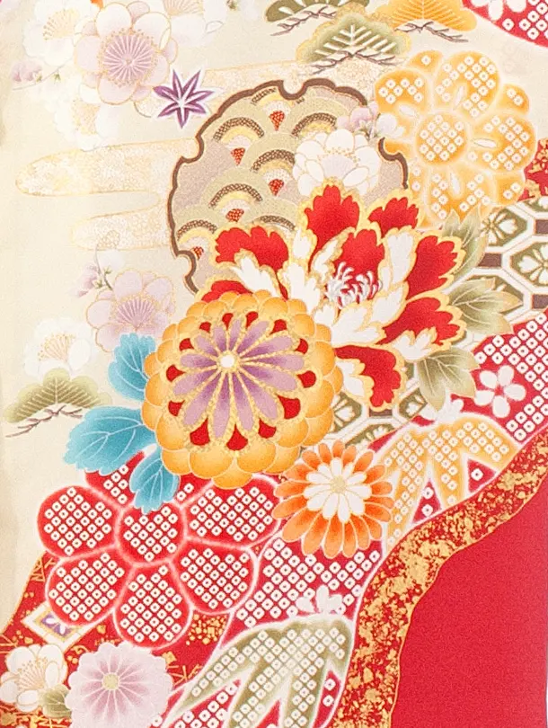 女児産着 お宮参りD0108 単衣 クリーム 牡丹に桜 鹿の子