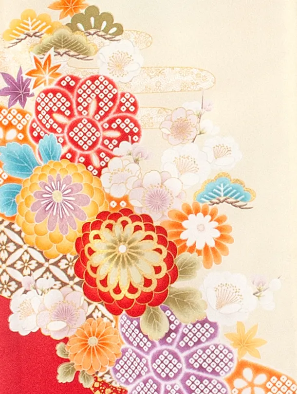 女児産着 お宮参りD0108 単衣 クリーム 牡丹に桜 鹿の子