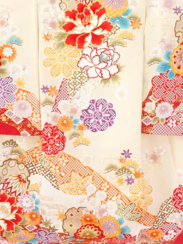 女児産着 お宮参りD0108 単衣 クリーム 牡丹に桜 鹿の子