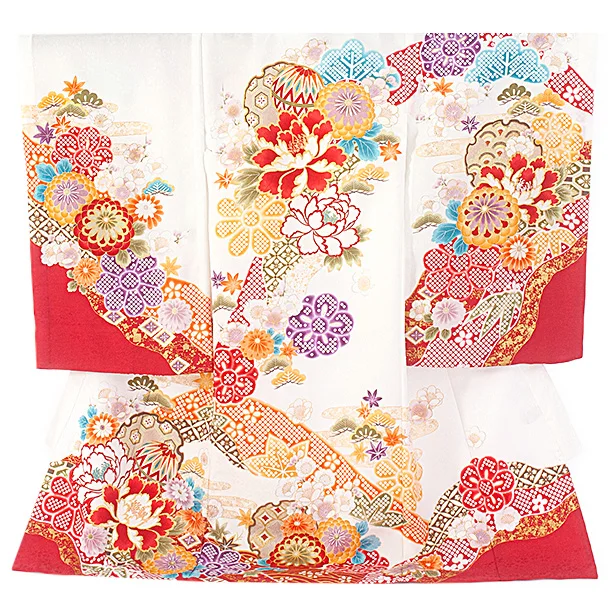 女児産着 お宮参りD0109 単衣 白 牡丹に桜 花地紋