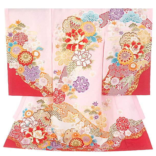 女児産着 お宮参りD0110 単衣 ピンク 牡丹に桜 花地紋