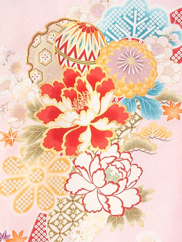 女児産着 お宮参りD0110 単衣 ピンク 牡丹に桜 花地紋