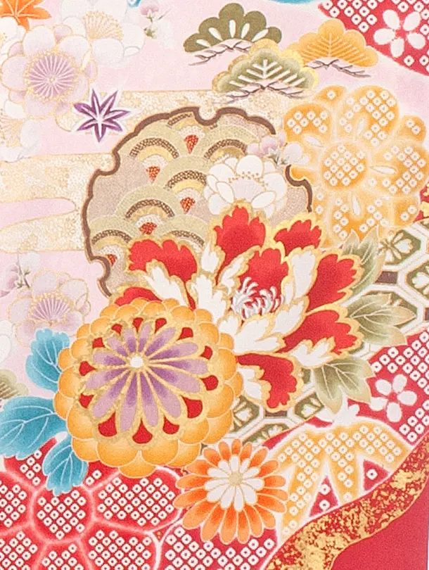 女児産着 お宮参りD0110 単衣 ピンク 牡丹に桜 花地紋