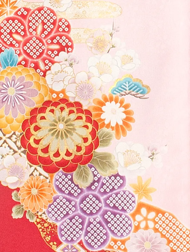 女児産着 お宮参りD0110 単衣 ピンク 牡丹に桜 花地紋