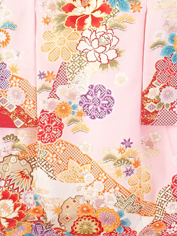 女児産着 お宮参りD0110 単衣 ピンク 牡丹に桜 花地紋